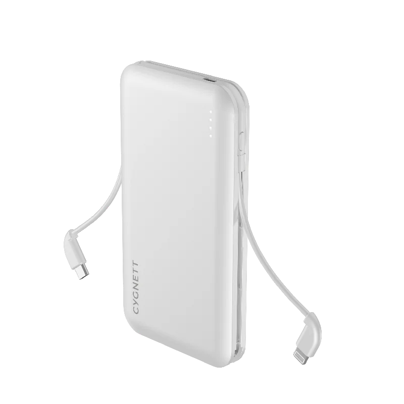 10,000 mAh Power Bank With Integrated Charging Cables - White